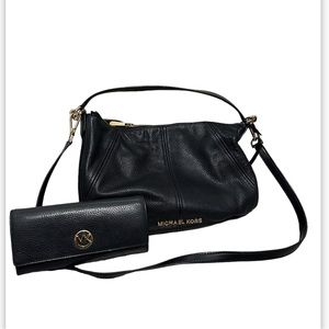 Michael Kors Bedford Pebble Leather Black Satchel Purse With Matching Wallet